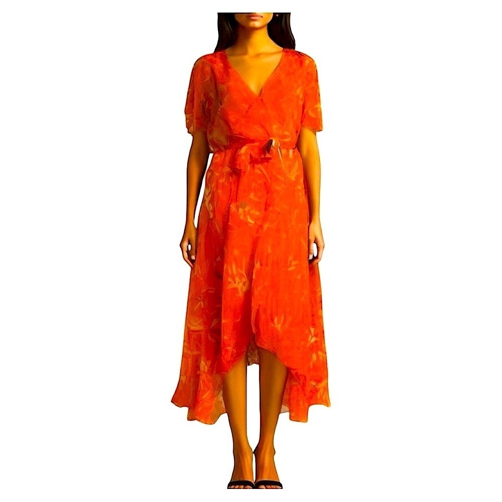 Addition Elle Wrap Dress Coral Red High Low Sundress Sz XL Floral Sheer Mesh